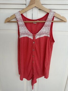 twik Red Striped Tank with White Lace Yoke